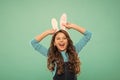 Happy easter. Seasonal sale and discount. Shopping and retail. Play with ears. Preparing for Easter holiday. Small girl