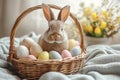 Happy easter sentiment Eggs Wisteria blooms Basket. White Copy area Bunny teal. style background wallpaper Royalty Free Stock Photo