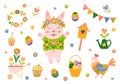Happy easter. Set of bunny, chicken, colored eggs, flowers, watering can, birdhouse, garden wheelbarrow. Hello spring Royalty Free Stock Photo
