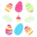 Happy Easter set. Colorful eggs, cake, candle and leaves in hand drawn style Royalty Free Stock Photo