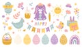 Happy Easter. Set of cute cartoon characters and design elements. Easter eggs, rabbit, chicken and flowers. Vector flat Royalty Free Stock Photo