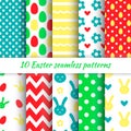 Happy Easter Set of cute holiday Easter backgrounds. Collection of 10 seamless patterns in yellow, green, and red colors Royalty Free Stock Photo