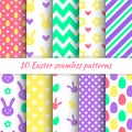 Happy Easter! Set of cute holiday Easter backgrounds. Collection of 10 seamless patterns in yellow, green, violet and Royalty Free Stock Photo