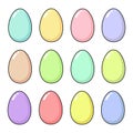 Happy Easter set with a dozen Easter eggs. Fun holiday elements in delicate colors - pink, blue, yellow, green, lilac