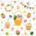 Happy easter. Set of Easter cake, basket of colored eggs, flowers, wreath, checkboxes. Hello spring. Isolated. Vector illustration