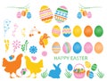 Happy Easter set. Easter vector elements, hare and hen, eggs and plants and basket. Royalty Free Stock Photo