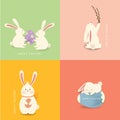 Happy Easter. A set of four white, funny cartoon rabbit character with Paschal egg. Design template for Banner, flyer, invitation