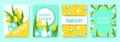 Happy easter set 4 gifts cards, realistic vector illustration with yellow tulips and bright decorated eggs.