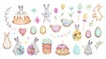 Happy Easter set. Hand-painted bunnies, flowers. Royalty Free Stock Photo