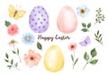 Happy Easter set of hand-painted watercolor elements. Coloful eggs, cute flowers, butterflies, isolated on white background Royalty Free Stock Photo