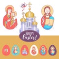 Happy Easter! Set of colored Easter eggs with the image of Jesus, virgin Mary and Christ child on the hands of the Church Royalty Free Stock Photo