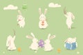 Happy Easter. Set of Rabbit Bunny with eggs, grass, flowers in field. Cute cartoon rabbit character with chicken, Paschal egg. Royalty Free Stock Photo