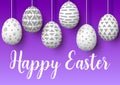 Happy Easter. Set of white pending easter eggs with different simple ornaments on purple background.