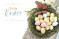 Happy Easter shabby chic table with speckled birds eggs and butterfly in nest