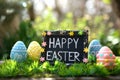 Happy easter shadow mapping Eggs Anemone petals Basket. White Writing field Bunny Fern Frond Green. Intricate patterns background Royalty Free Stock Photo