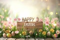 Happy easter Signature message Eggs Amusing Basket. White Colored egg masterpiece Bunny Easter egg hunt religious observance