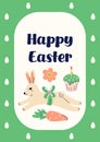 Happy Easter simple card with running hare. Design with text on green background. Happy Easter hand drawn card. Flat Royalty Free Stock Photo