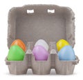 Happy Easter, six colorful eggs in box cardboard, isolated on white background. Copy space Template for advertising promotional Royalty Free Stock Photo