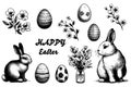 Happy Easter sketch set. Easter bunny with butterfly, eggs basket, branches