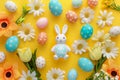 Happy easter easter skits Eggs Peanut blossoms Basket. White sentimental card Bunny amusing. lavender background wallpaper Royalty Free Stock Photo