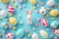 Happy easter sky blue Eggs Madcap Basket. White personalized letter Bunny Eggshell mosaic. resurrection background wallpaper Royalty Free Stock Photo