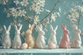 Happy easter smiley Eggs Pastel aqua blue Basket. White Animals Bunny Collection. childlike background wallpaper Royalty Free Stock Photo