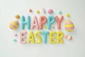 Happy easter Smiley Eggs Pastel indigo blue Basket. White whimsical Bunny Herbs. Joyful occasion background wallpaper Royalty Free Stock Photo