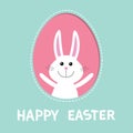 Happy Easter. Smiling bunny rabbit hare inside painted egg frame window. Dash line contour. Cute cartoon character. Baby greeting Royalty Free Stock Photo