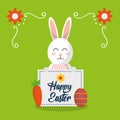 Happy easter smiling rabbit with poster and colored eggs Royalty Free Stock Photo