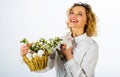 Happy easter. Smiling woman with white rabbit and basket with eggs. Royalty Free Stock Photo