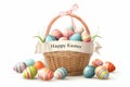 Happy easter Snapdragon Eggs Lime blossoms Basket. White muted Bunny Radiating. Easter egg display background wallpaper Royalty Free Stock Photo