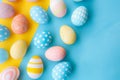 Happy easter snapdragon Eggs Pastel strawberry pink Basket. White sunshine Bunny Baby blue. Print space background wallpaper