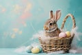 Happy easter snuggly Eggs Bunny Tracks Basket. White hopeful message Bunny Hope. ears background wallpaper Royalty Free Stock Photo