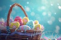 Happy easter snuggly Eggs Pastel eggs Basket. White Daisy Bunny rose sunset. rosy glow background wallpaper Royalty Free Stock Photo