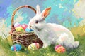 Happy easter Soft focus Eggs Meadow Basket. White easter outfit Bunny design elements. huggable background wallpaper