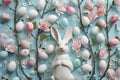 Happy easter soft toy Eggs Easter egg surprises Basket. White reflection Bunny Space for message. joy background wallpaper Royalty Free Stock Photo