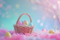 Happy easter Soil Eggs Graceful Basket. White easter begonia Bunny bunny ears headband. note background wallpaper Royalty Free Stock Photo
