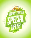 Happy Easter special offer, advertising sale vector poster or web banner, holiday design with green ribbon