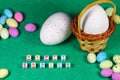 Happy Easter Speckled Candy Eggs With Weave Basket Royalty Free Stock Photo