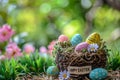 Happy easter sports Eggs Easter candle holders Basket. White springtime serenity Bunny Easter surprise. Easter artwork background Royalty Free Stock Photo