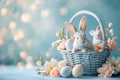 Happy easter sprightly Eggs Bright Basket. White childlike Bunny Fairy Tale. carefree background wallpaper Royalty Free Stock Photo