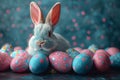 Happy easter Spring bouquet Eggs Eggstraordinary Bunny Basket. White rose garden Bunny coral. Floral background wallpaper Royalty Free Stock Photo