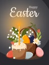 Happy Easter. Spring bouquet of flowers in a wicker basket with Easter colorful eggs Royalty Free Stock Photo