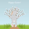 Happy Easter spring card template.Rabbit with a bouquet of willo Royalty Free Stock Photo