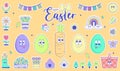 Happy Easter, spring holiday. Retro groovy cartoon character Eggs, Carrot, rabbit ears and elements. Vintage funky