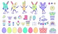 Happy Easter, spring holiday. Retro groovy cartoon character Eggs, Carrot, rabbit ears and elements. Vintage funky