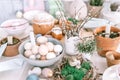 happy easter and spring holidays time. festive tablescape set decor. traditional dinner food easter eggs and baked cakes