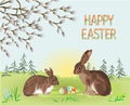 Happy easter spring landscape forest rabbit and hare and easter eggs in the grass with flowers vintage vector illustration editabl