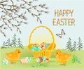 Happy easter spring landscape forest Easter wicker and easter eggs and Easter chicks butterfly in the grass with flowers vintage Royalty Free Stock Photo