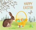 Happy easter spring landscape forest Easter wicker and easter eggs and hare and butterfly in the grass with flowers vintage vect